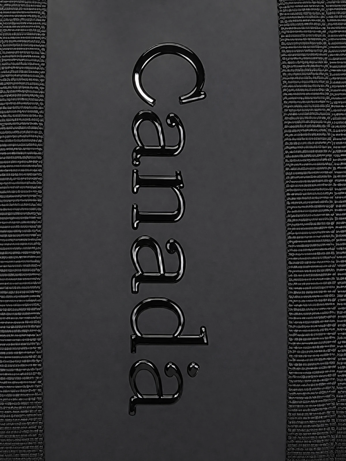 Close view of the glossy embossed wordmark on matte nylon
